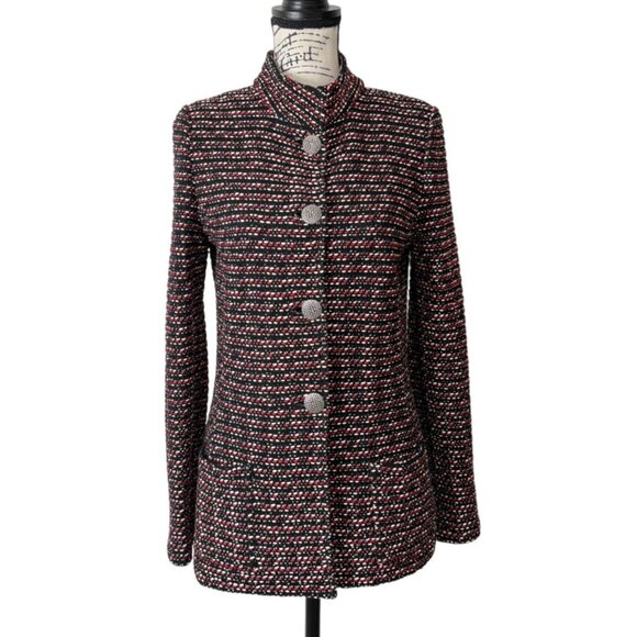 St. John Womens Jacket Button-Up Boucle Knit Wool Blend Black Red Blazer Size 4 - Picture 1 of 9